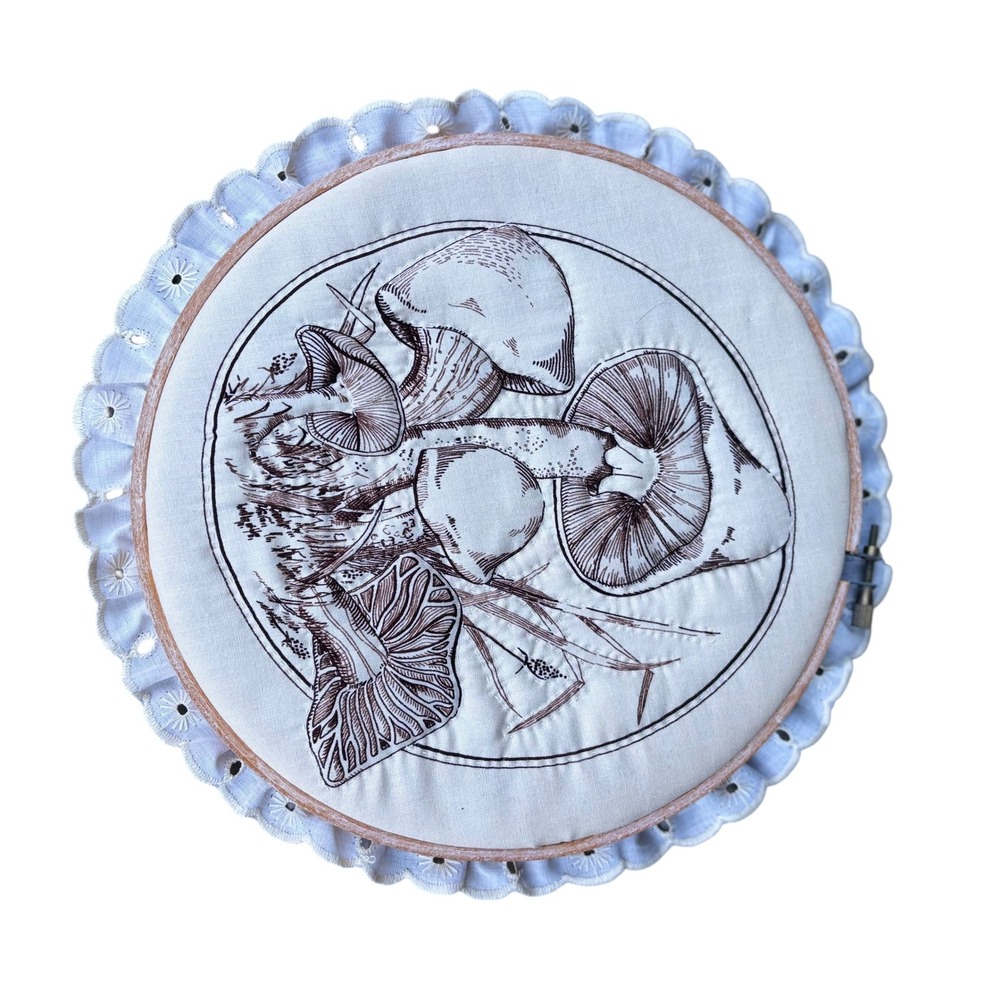Vintage Mushroom Embroidery Hoop Eyelet Lace Wall cottage core whimsical decor